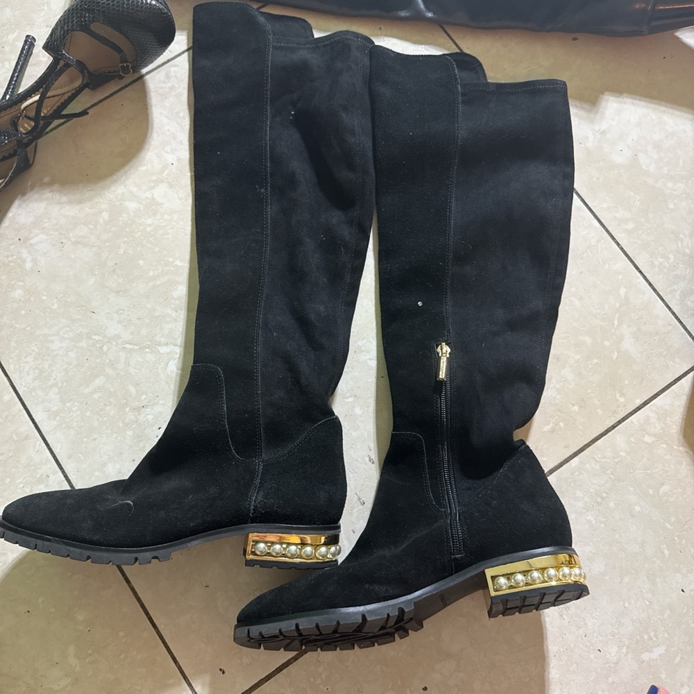 Karl Lagerfeld Black Knee-High Boots with Gold Heel Accents
